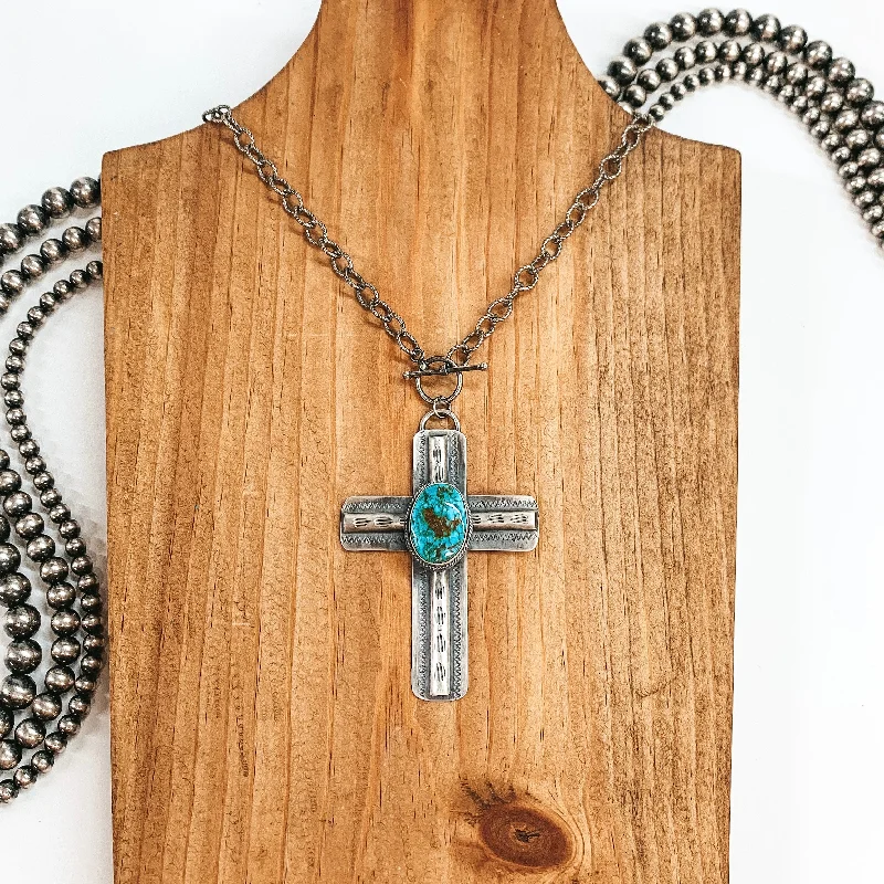 Handmade Gold Necklace-BS | Navajo Handmade Sterling Silver Chain Necklace and Cross Pendant with Turquoise Stone with Etched Detailing