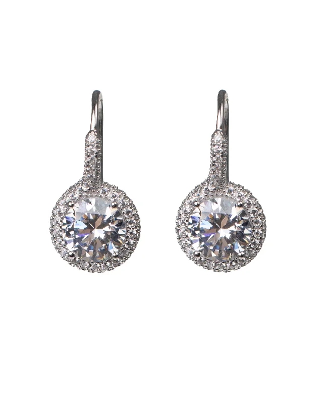 Antique Silver Earrings-8mm Round CZ Drop Earrings