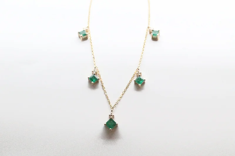 Delicate Necklace for Women-Yellow Gold Emerald and Diamond Station Necklace