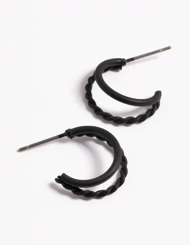 Simple Crystal Earrings-Black Coated Plain & Twist Double Huggie Earrings