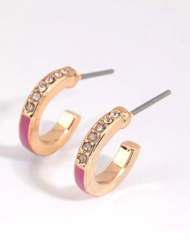 Chic Ear Huggers-Pink Diamante Huggie Earrings