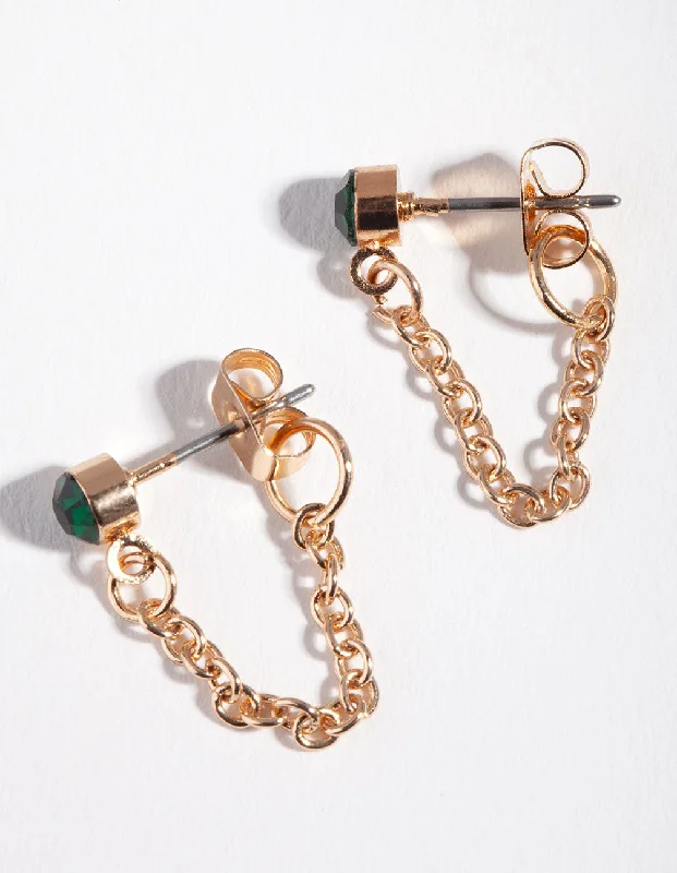 Unique Chandelier Earrings-Gold Green Stone Chain Stud Earrings