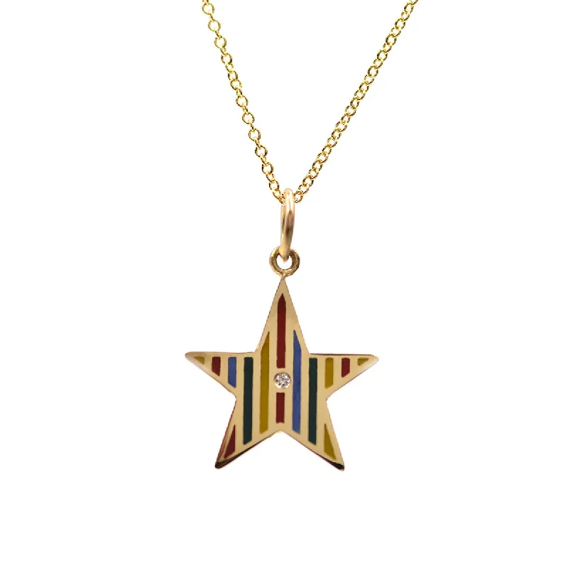 Layered Gold Chain Necklace-Enamel Striped Star Necklace