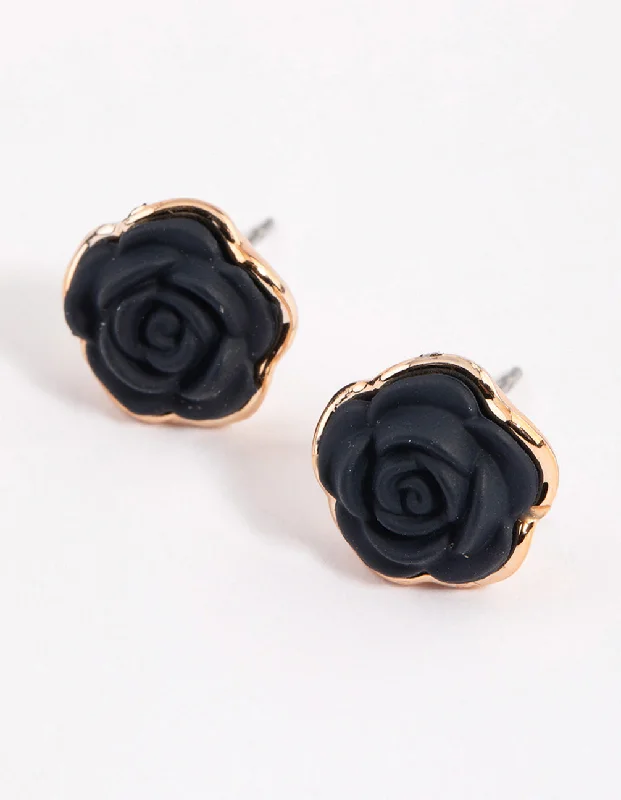 Birthday Gift Earrings-Black Coated Rose Stud Earrings