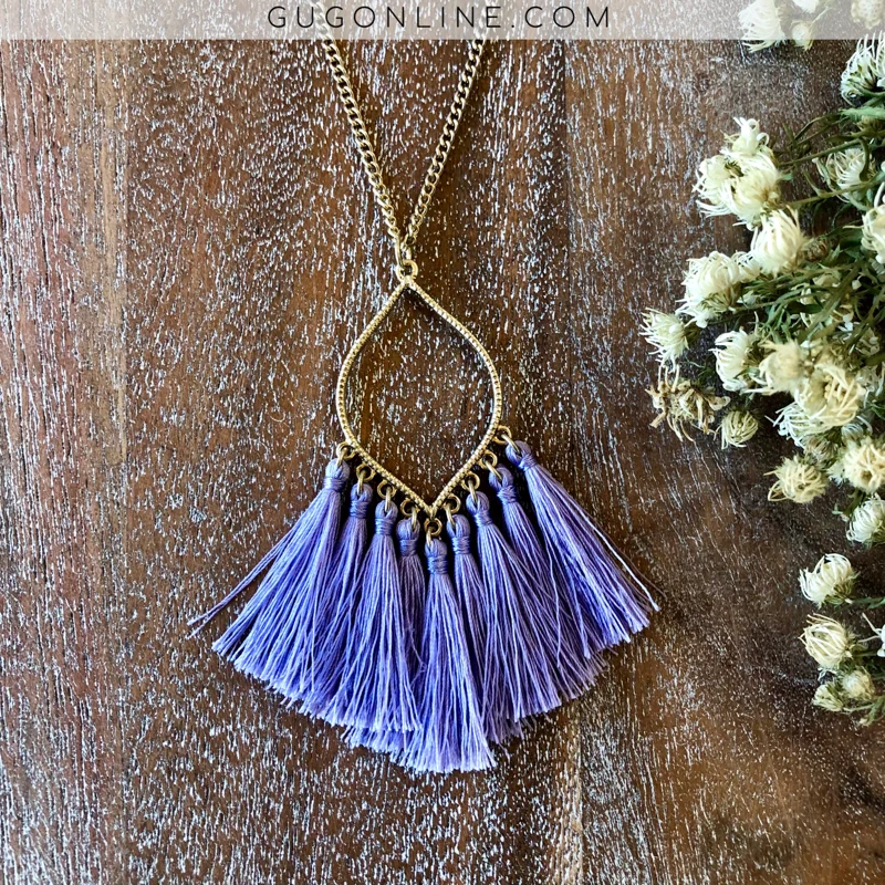 Adjustable Gold Necklace-Gold Chain Lantern Outline Necklace with Fringe Tassels in Lavender