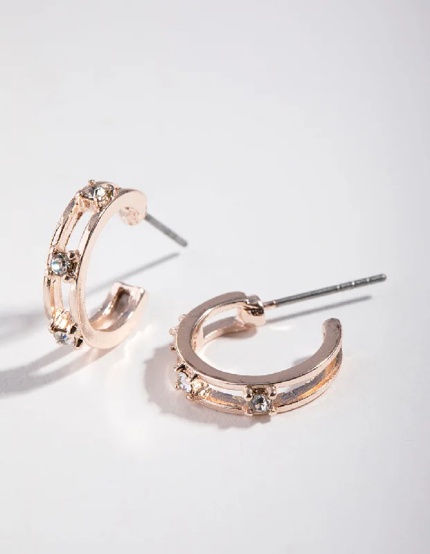 Unique Pearl Drop Earrings-Rose Gold Diamante Ladder Huggie Earrings