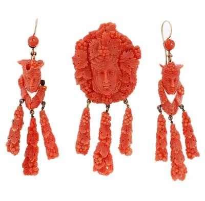 Shiny Hoop Earrings-Victorian Carved Coral Pin & Pendant & Earrings Set