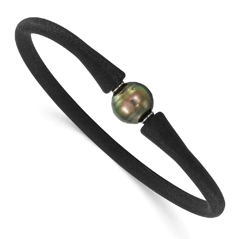 Simple Silver Bangle-Stainless Steel Chisel and Silicone 10-11mm Tahitian Pearl Bracelet