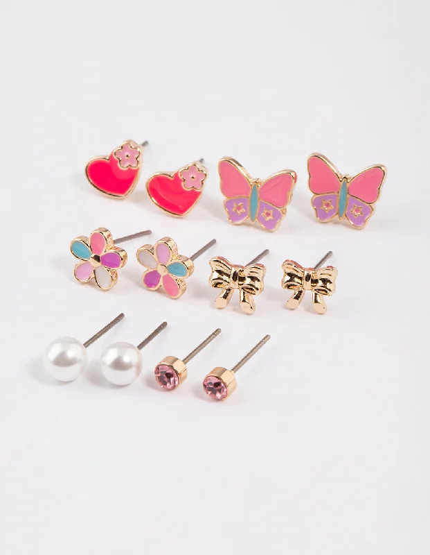 Vintage Style Earrings-Kids Gold Butterfly Heart Stud Earrings 6-Pack