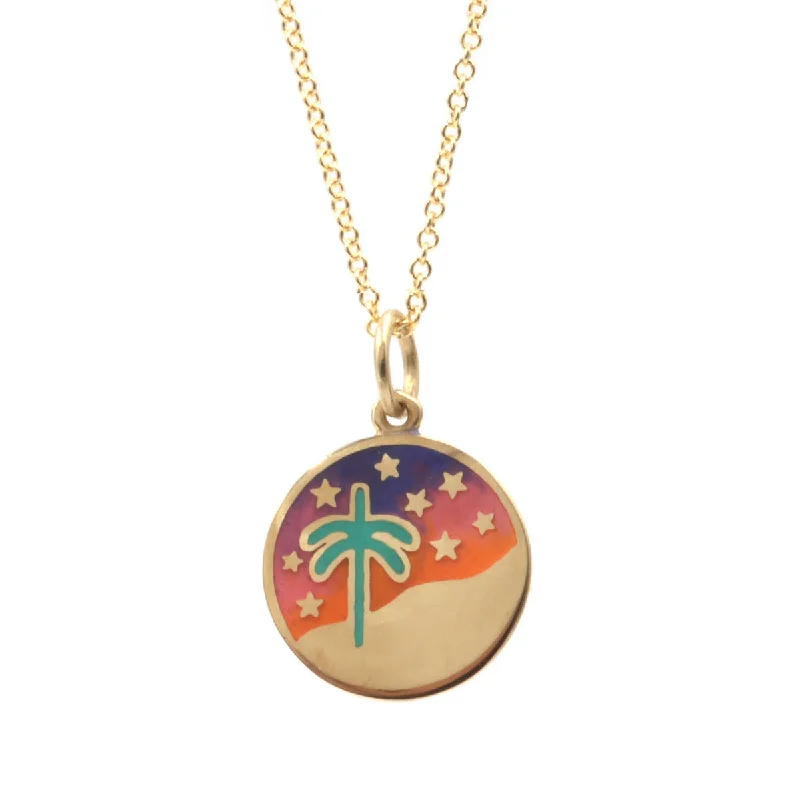 Handmade Gold Necklace-Enamel Palm Tree Tie Dye Night Sky Necklace