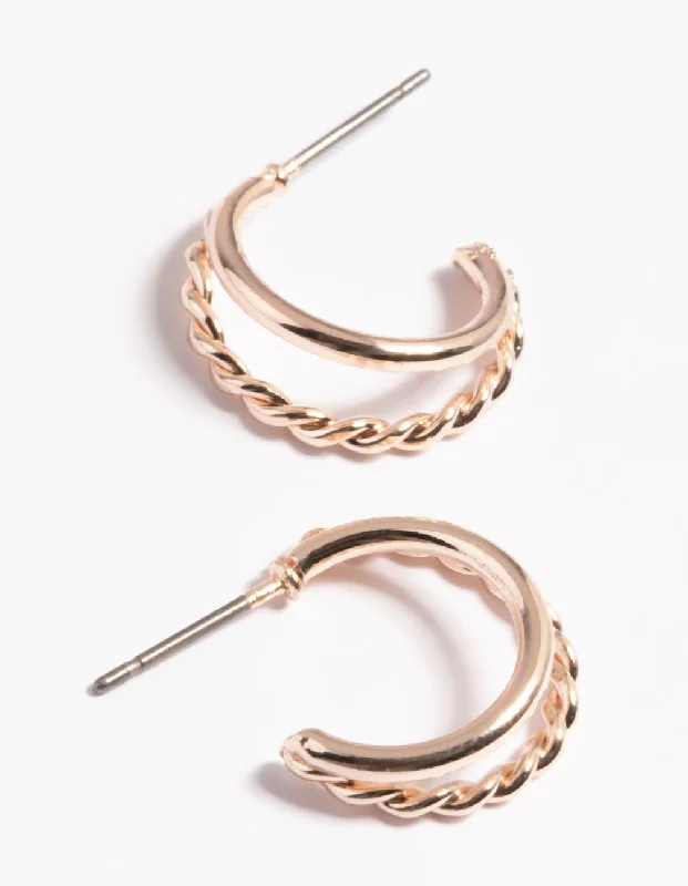 Gothic Style Earrings-Rose Gold Plain & Twist Double Huggie Earrings