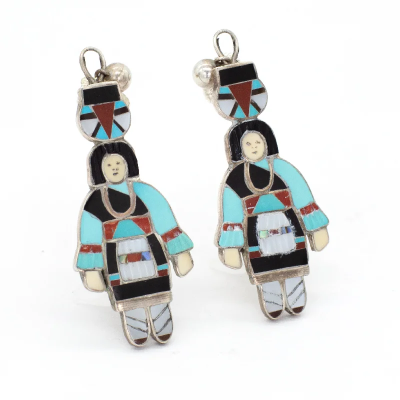 Handmade Gemstone Earrings-Madeline Beyuka Zuni Handmade Olla Maiden Sterling Silver Inlay Earrings