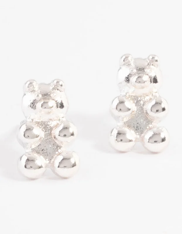 Multi-Colored Earrings-Silver Teddy Bear Stud Earrings