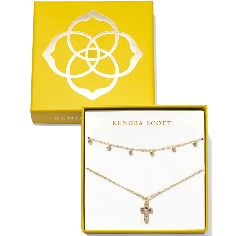 Gold Necklace with Birthstone-Kendra Scott | Amelia Necklace and Cross Necklace Gift Set in White Crystal and Gold