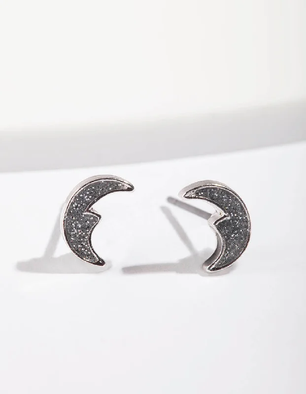 Artistic Earrings-Silver Glitter Moon Stud Earrings