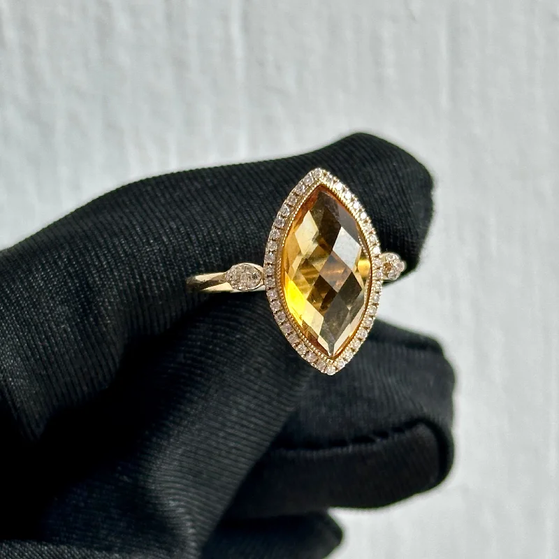 Handmade 3.29ct Citrine Marquis Cut Ring with Diamond Micro Pave Halo and 14K Yellow Gold Band