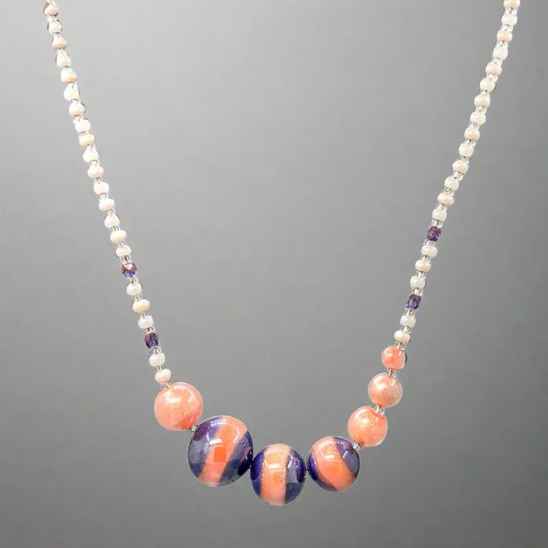 Designer Necklace-STST Peach, White and Purple Murano Glass Beaded Necklace