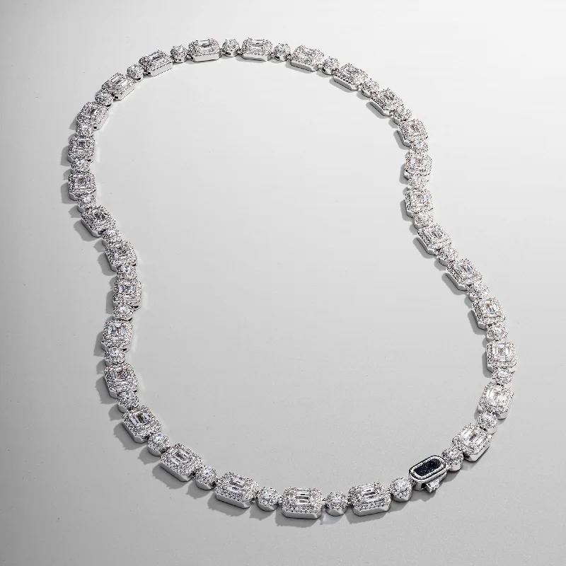 Handmade Gemstone Necklace-Baguette Link Iced Necklace (Silver)