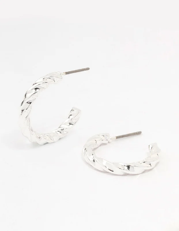 Simple Silver Drop Earrings-Silver Twisted Huggie Earrings