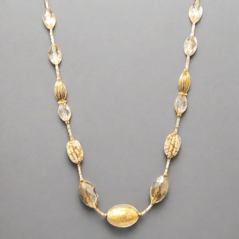 Simple Silver Chain Necklace-YGP Stainless White and Gold Murano Glass Marquise Beaded Necklace