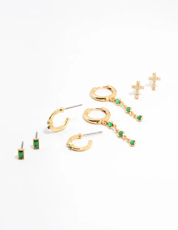 Gold-Plated Hoop Earrings-Gold Plated Emerald Cross & Round Drop Earrings 4-Pack