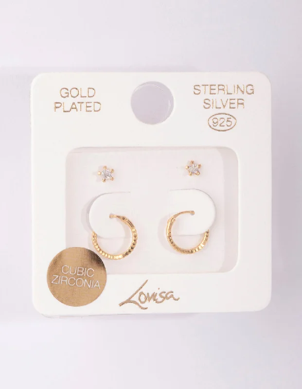 Unique Pearl Drop Earrings-Gold Plated Sterling Silver Star Stud Hoop Earring Pack