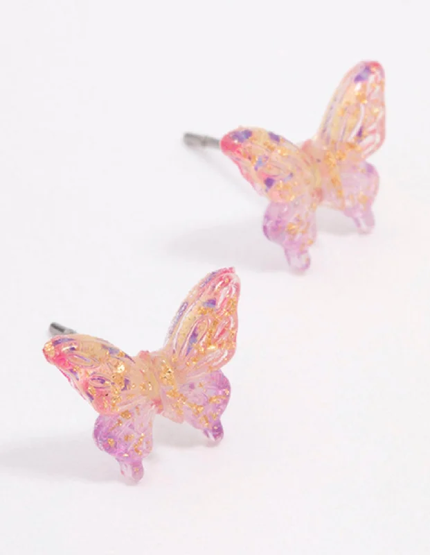 Vintage Gold Earrings-Pink Ombre Butterfly Stud Earrings