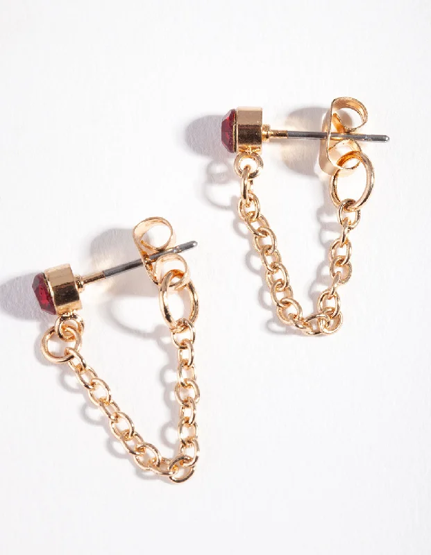 Long Chain Earrings-Gold Red Stone Chain Stud Earrings