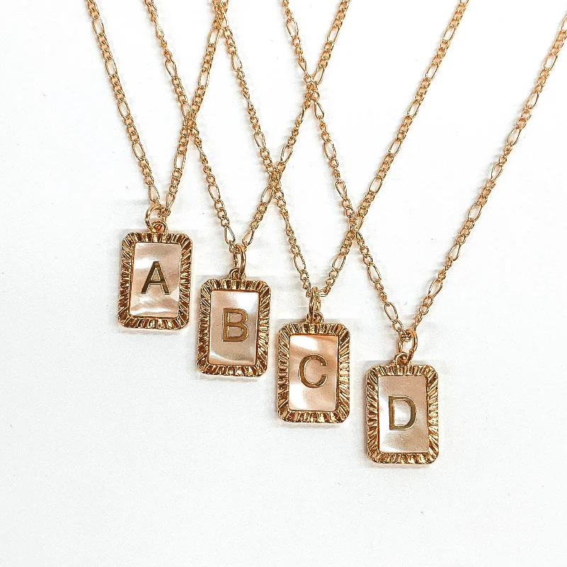 Long Bead Necklace-Figaro Chain Necklace with Rectangle Initial Pendant in Gold Tone