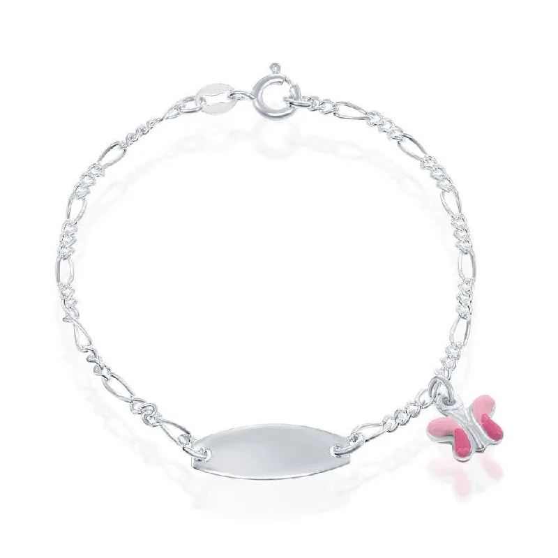 Silver Rope Bracelet-Sterling Silver Pink Butterfly Enamel Charm Kid-ID Bracelet, 6.5"