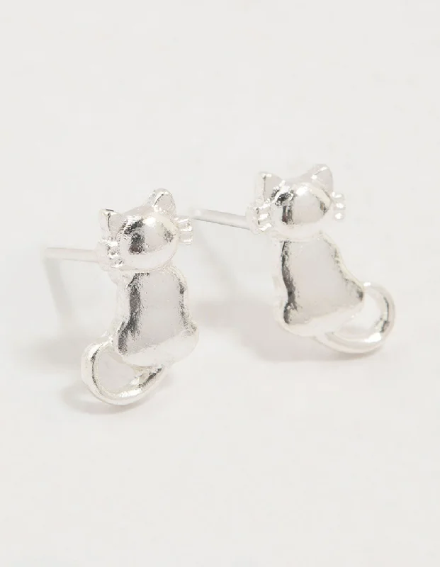 Adjustable Hoop Earrings-Silver Cat Stud Earrings