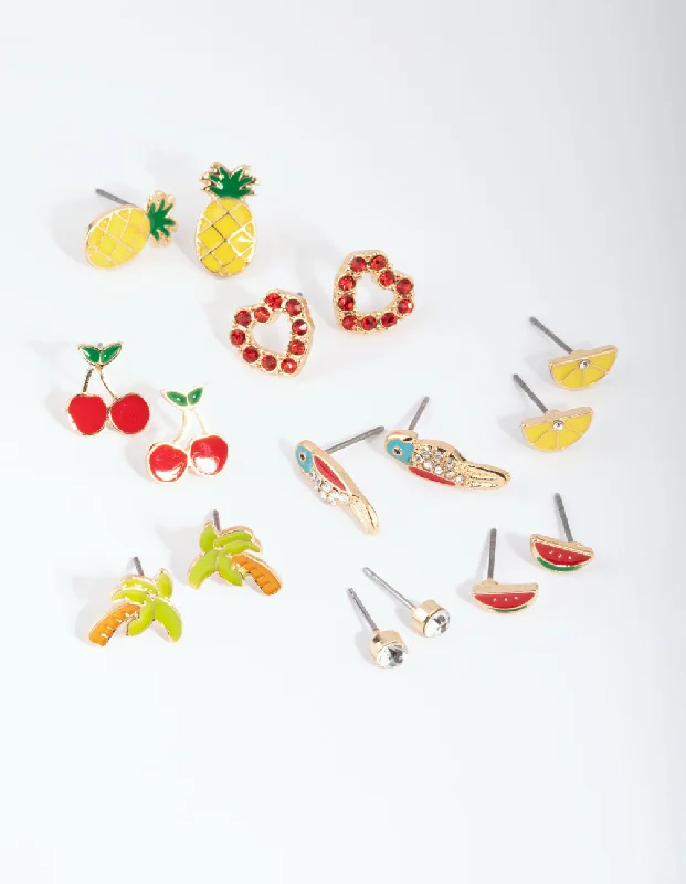 Simple Silver Earrings-Gold Summer Fruit Stud Earring 8-Pack