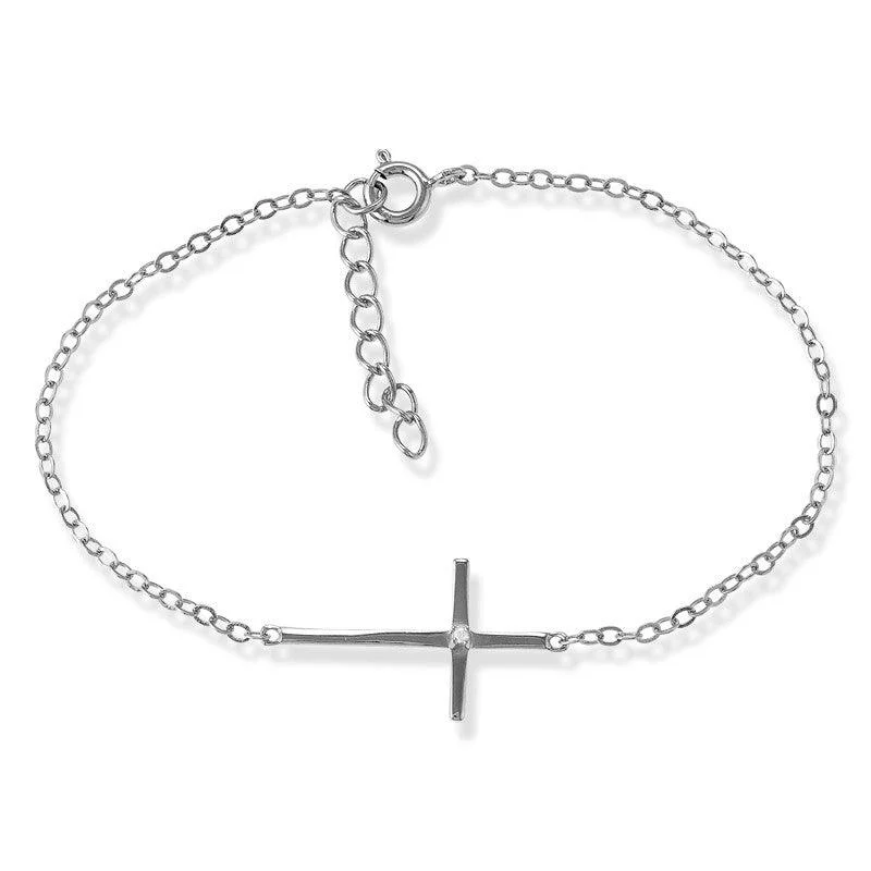 Charm Bracelet for Women-Sterling Silver Sideways Cross Single CZ Bracelet, 7"