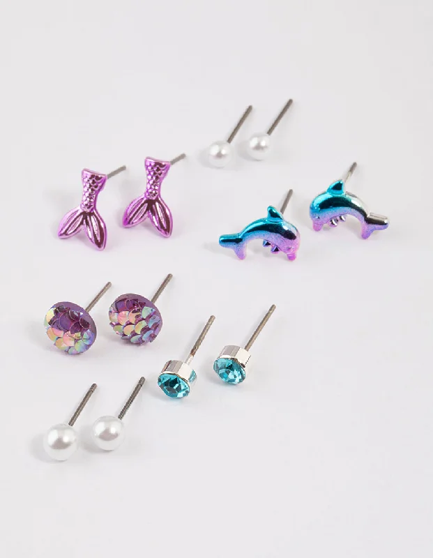 Trendy Drop Earrings-Kids Silver Dolphin Stud Earrings 6-Pack