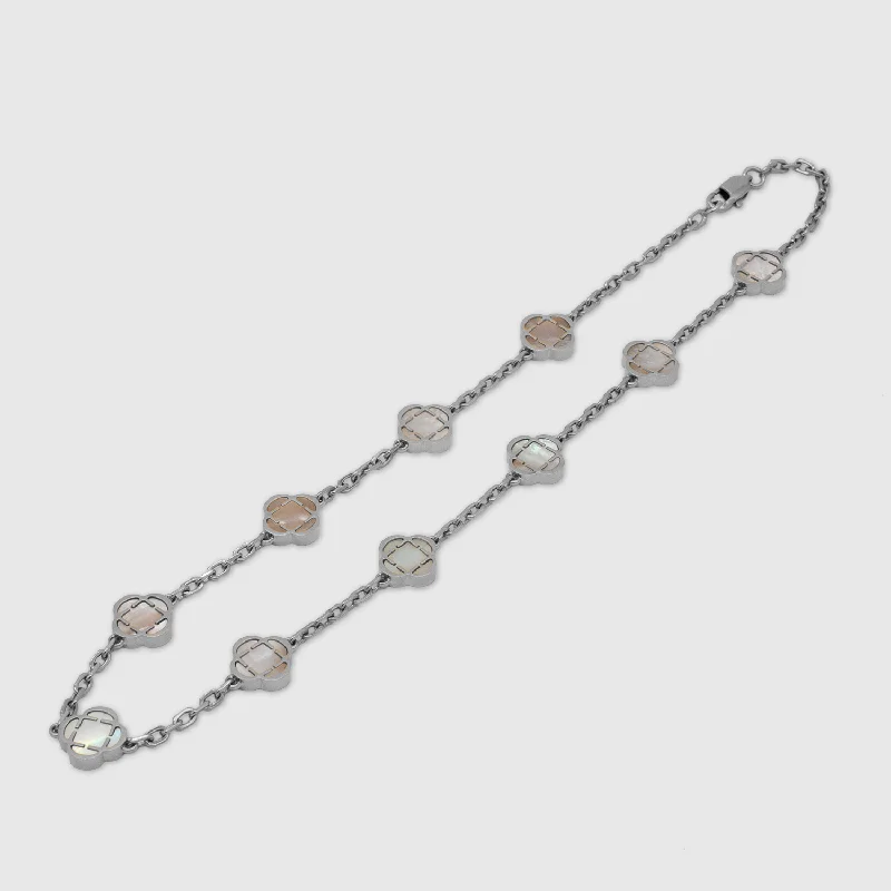 Long Beaded Pendant Necklace-White Clover Stone Necklace (Silver)