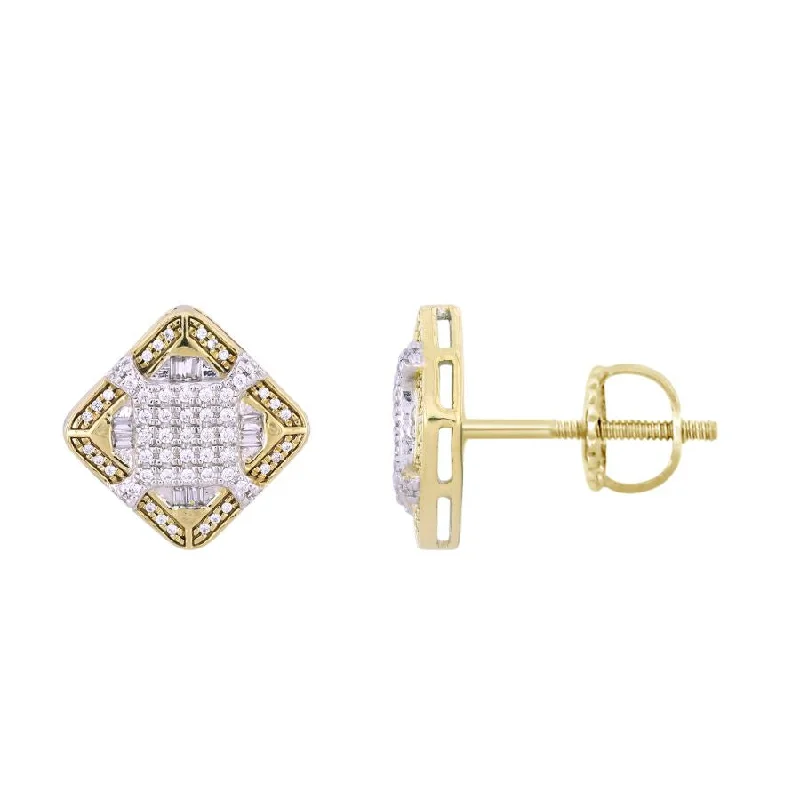 Metal Statement Earrings-LADIES EARRINGS 0.33CT ROUND/BAGUETTE DIAMOND 10K YELLOW GOLD