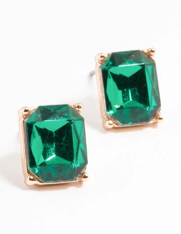 Heart-Shaped Stud Earrings-Green Square Encased Etched Earrings