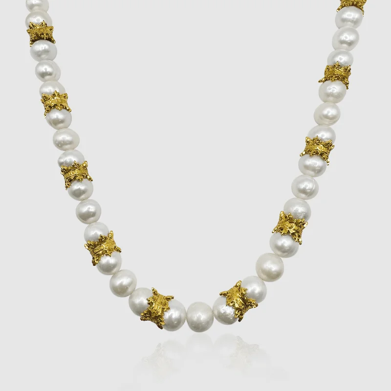 Beaded Crystal Necklace-Crown Real Pearl Necklace (Gold)