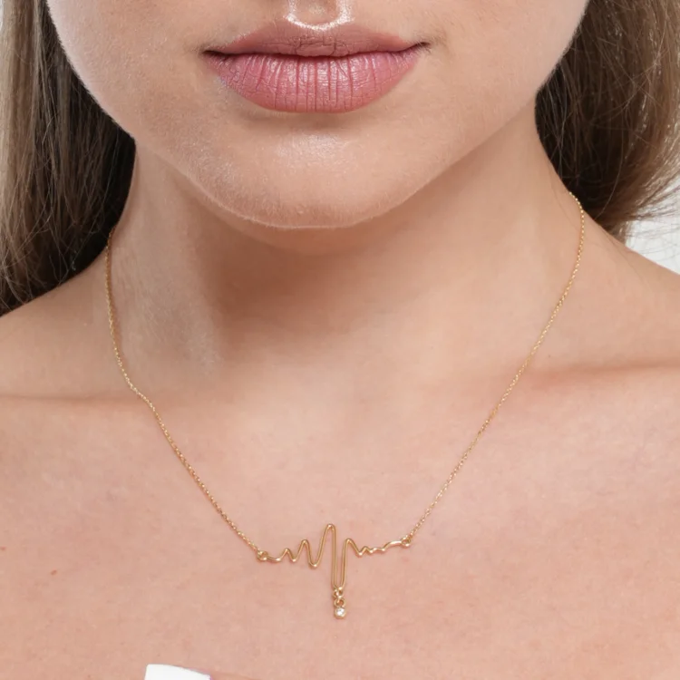 Pendant Necklace for Bridesmaids-Real Gold Heart Beat with Stone Adjustable Size Necklace - Model 0028 N1433