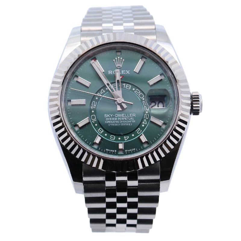 Luxury Watch with Diamond Face-Rolex Sky-Dweller 42mm Green Dial Watch Ref# 336934