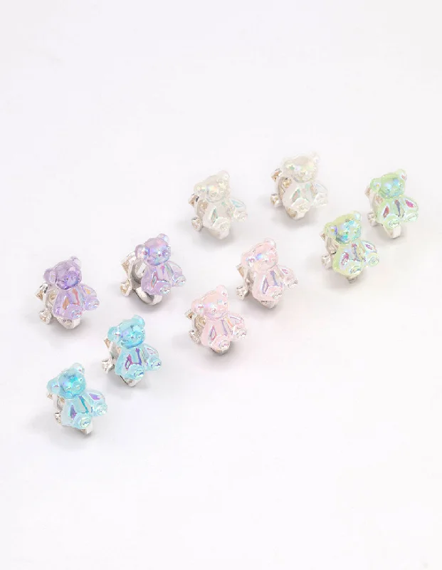 Colored Gemstone Earrings-Kids Rainbow Gummy Bear Clip On Earrings 5-Pack