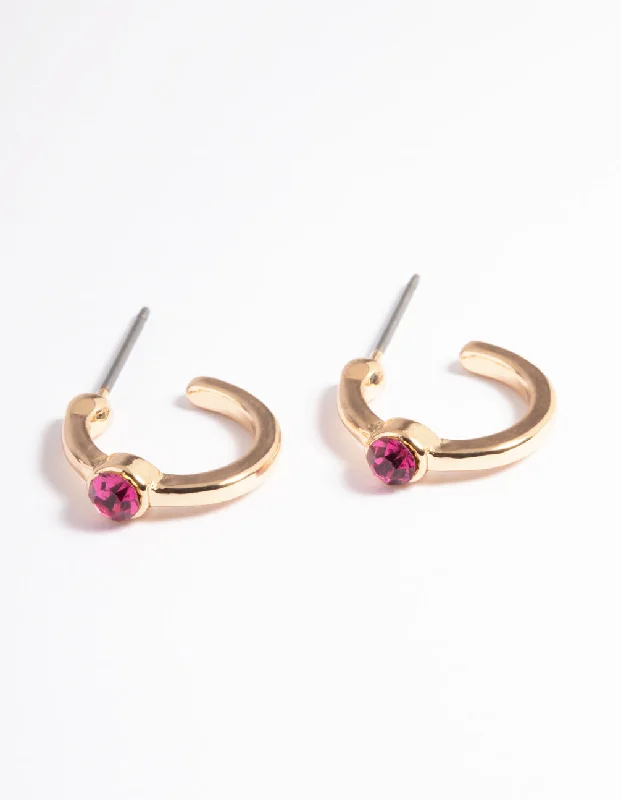 Trendy Statement Earrings-Pink Diamante Stone Huggie Earrings