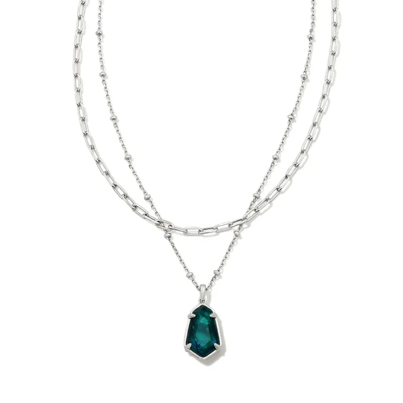 Silver Double Layer Necklace-Kendra Scott | Alexandria Multi Strand Necklace Silver Teal Green Illusion