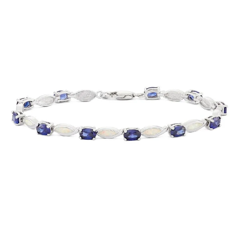 Personalized Silver Rope Bracelet-Sterling Silver Oval Tanzanite and White Inlay Opal Bracelet