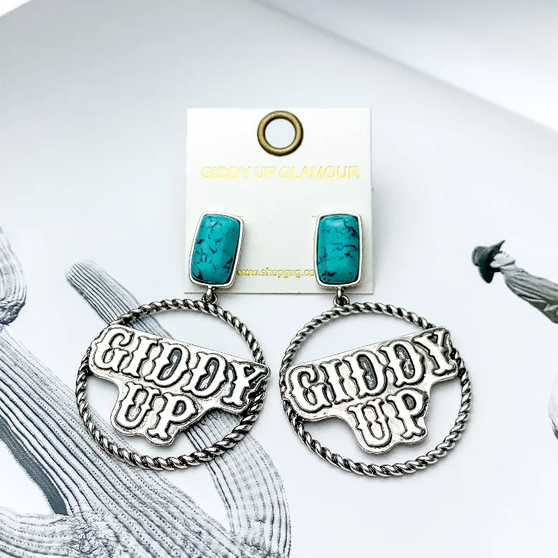 Designer Necklace for Gift-Square Faux Turquoise Post Back Earrings with Giddy Up Silver Tone Hoop