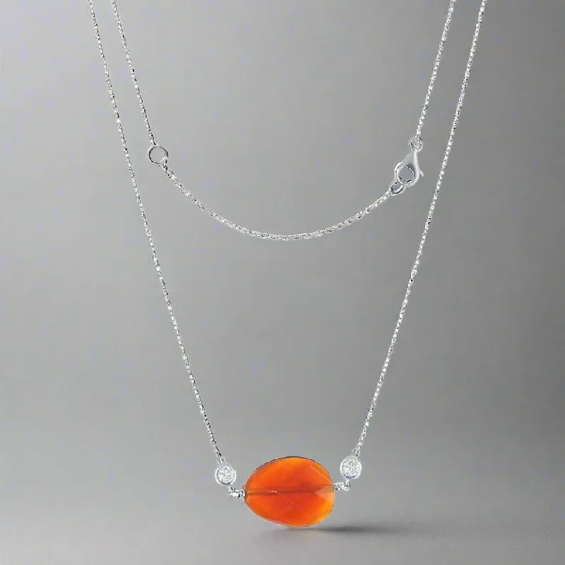 Silver Beaded Necklace-Sterling Silver Red Carnelian with Small CZs Necklace