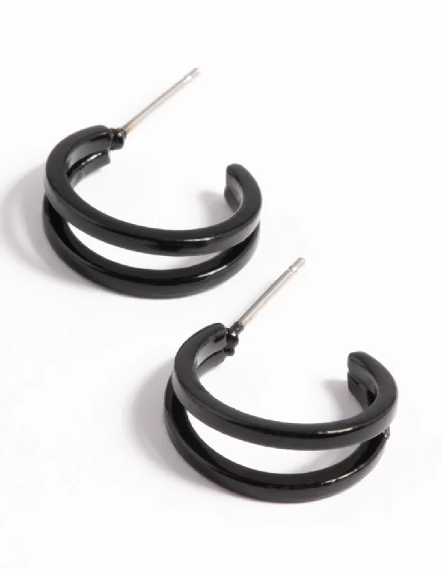 Large Statement Earrings-Black Double Huggie Hoop Earrings