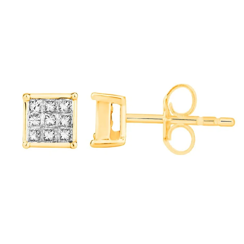 Diamond Stud Earrings-LADIES STUD EARRINGS 0.25CT PRINCESS DIAMOND 10K YELLOW GOLD