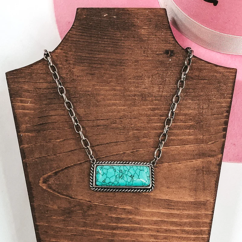 Custom Beaded Necklace-Western Silver Tone Chain Necklace with Bar Pendant in Turquoise