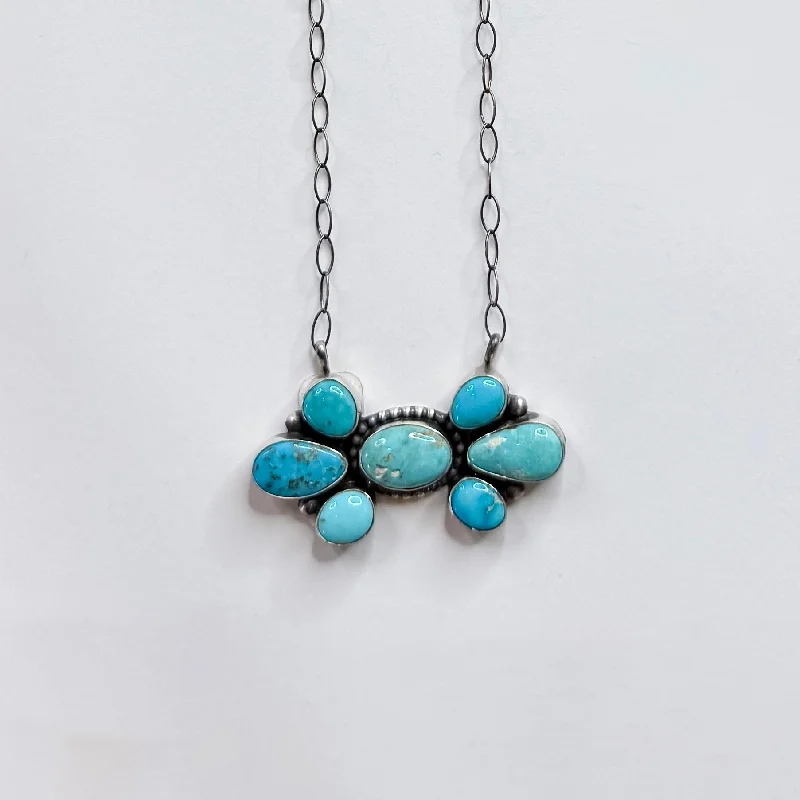 Unique Gold Necklace-Lorenzo Juan | Navajo Handmade Sterling Silver and Turquoise Stone Cluster Pendant